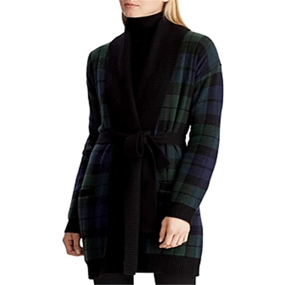 Lauren Ralph Lauren Black Watch Plaid‎ Belted Cardigan Sweater Navy Green 2X